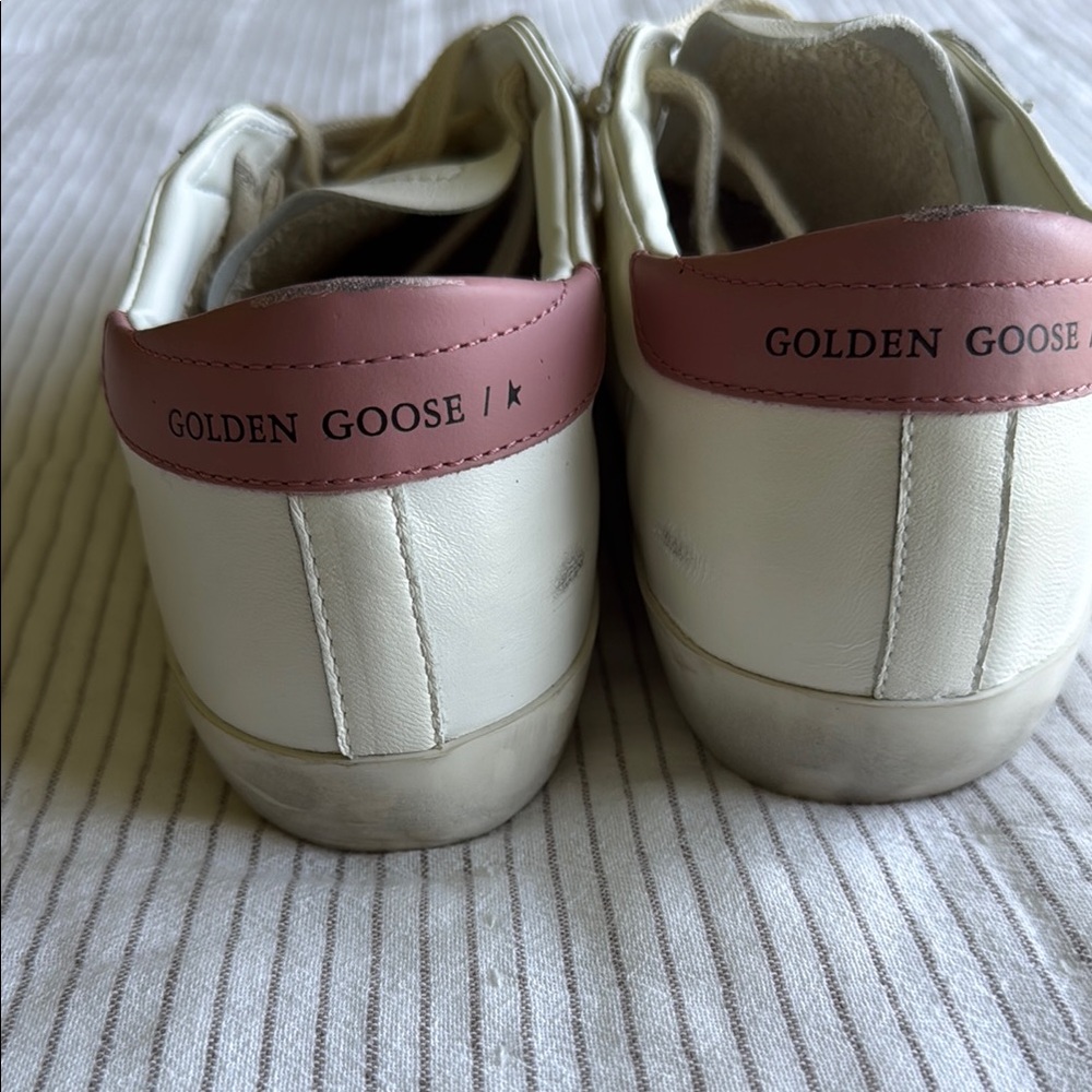 Golden Goose White Leather Sneakers with Pink Heel Tab and Pearl Accents - Picture 2 of 8